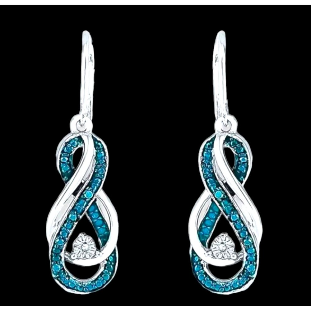 Silver Blue Green & Clear Crystal Earrings Eternity Shape